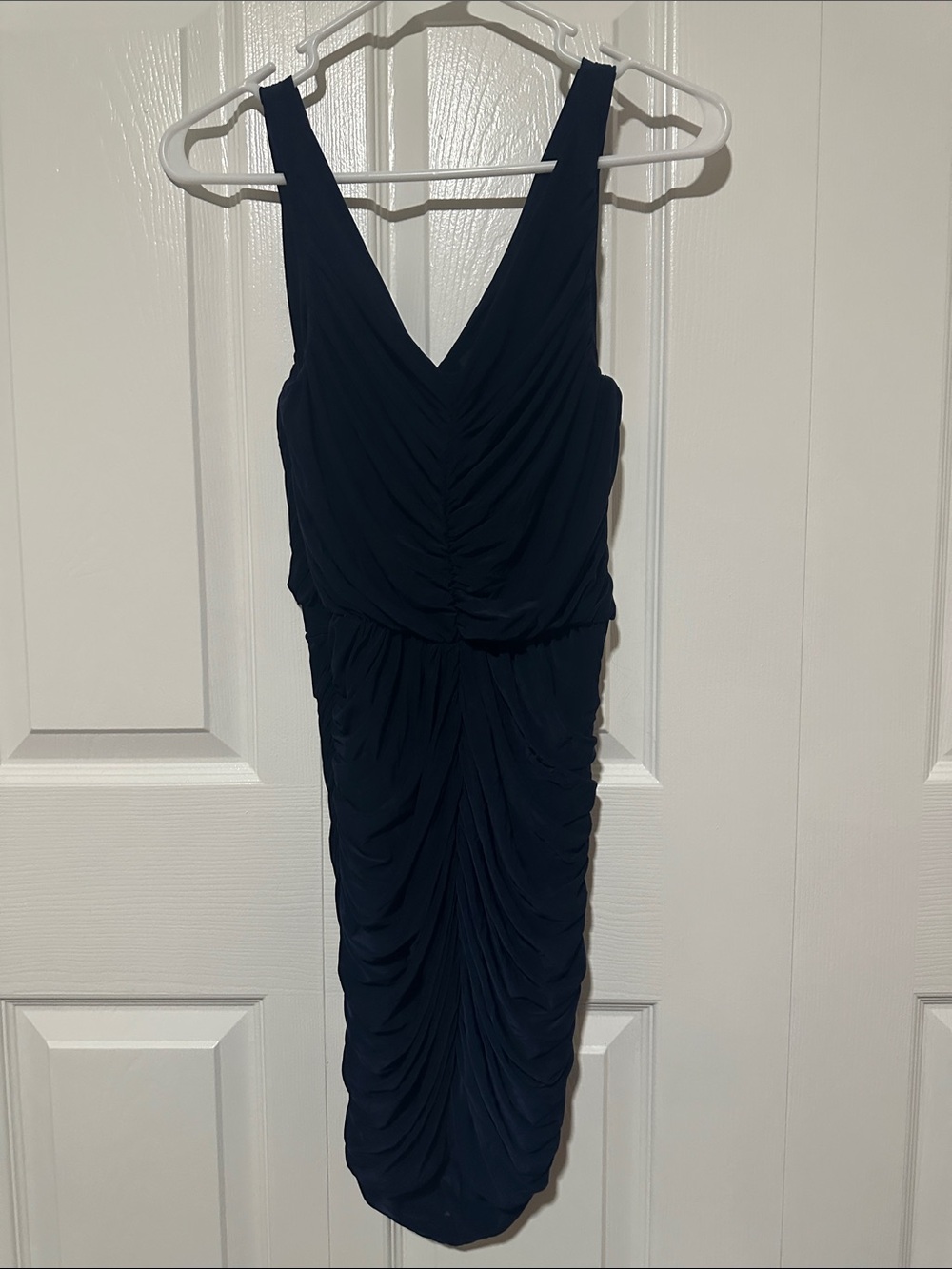 Soprano Navy Ruched V-Neck Midi Dress